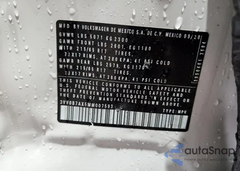 2021 Volkswagen Tiguan S z USA, uszkodzony, nr VIN 3VV0B7AX5MM007593